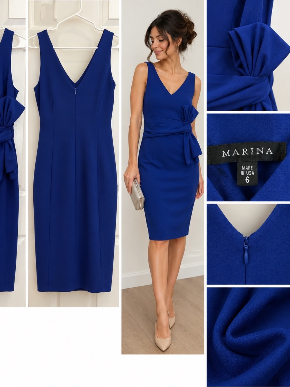 MARINA Royal Blue Sleeveless V-Neck Sheath Dress with Side Bow Detail